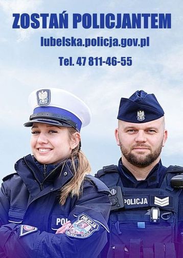 Baner z policjantami i napisem zostań policjantem.