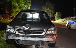 uszkodzony samochód na poboczu drogi, w tle radiowóz