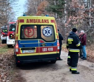 karetka pogotowia na leśnej drodze, w tle wozy strażackie obok stoją mężczyźni