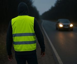 zdjęcie poglądowe mężczyzny stojącego przy drodze, w tle widać jadący z przeciwnej strony samochód