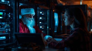 osoba siedząca przed monitorem na którym widać wizerunek mikołaja