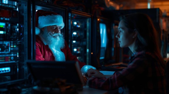 osoba siedząca przed monitorem na którym widać wizerunek mikołaja