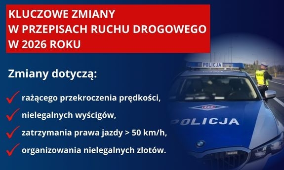 Plakat z informacjami dotyczacymi zmian w przepisach ruchu drogowego, w tle radiowóz