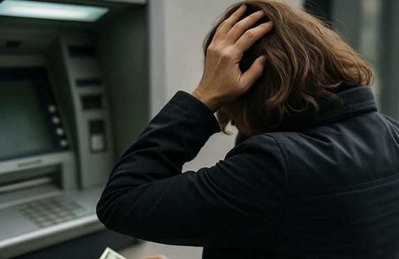 zdjęcie poglądowe, kobieta stoi przy bankomacie trzymając się za głowę