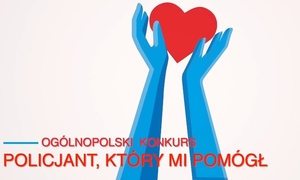 plakat akcji policjant, który mi pomógł, niebeskie ręce trzymające serce