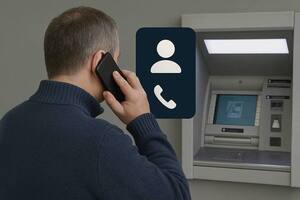 mężczyzna stoi przy bankomacie i rozmawia przez telefon komórkowy
