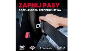 grafika, dłoń zapinająca pasy w samochodzie