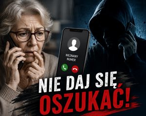 seniorka z telefonem w ręku i tekst &amp;amp;quot;Nie daj się oszukać