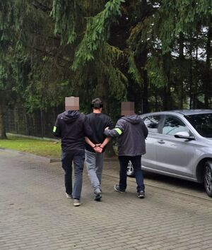 policjanci prowadzą zatrzymanego mężczyznę do radiowozu