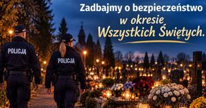 zdjęcie wygenerowane przez SI przedstawiające policjantów idących po cmentarzy wieczorową porą