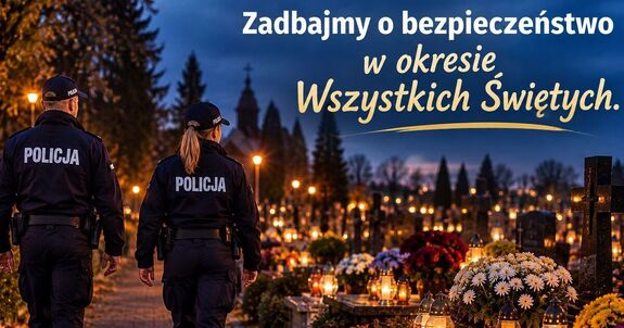 zdjęcie wygenerowane przez SI przedstawiające policjantów idących po cmentarzy wieczorową porą